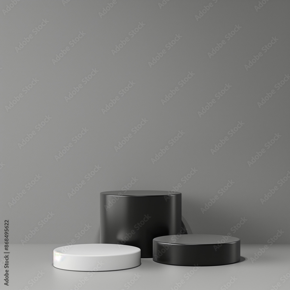 3D Black and White Cylindrical Podium on Gray Background 3D Black and White Cylindrical Podium on Gray Background