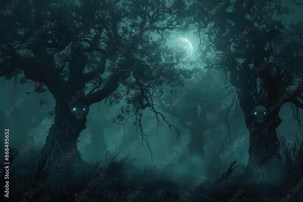 Spooky forest with glowing eyes and mist at night, creating a mysterious and eerie atmosphere under the moonlight. Spooky forest with glowing eyes and mist at night, creating a mysterious and eerie atmosphere under the moonlight.