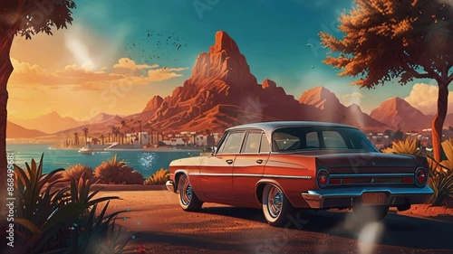 classic car with cool view in the background. Seamless looping 4k video animation photo