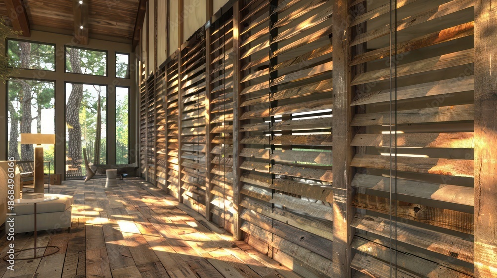 Screen wall with vertical louvers made from reclaimed barn wood, adjustable for varying levels of privacy and sunlight filtration Screen wall with vertical louvers made from reclaimed barn wood, adjustable for varying levels of privacy and sunlight filtration