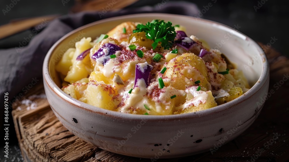 A delicious bowl of creamy mashed potatoes topped with herbs and bacon, perfect for comfort food lovers. A delicious bowl of creamy mashed potatoes topped with herbs and bacon, perfect for comfort food lovers.