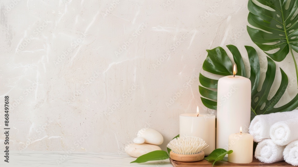 Candles, smooth stones, and tropical leaves arranged on a light background, evoking a serene spa setting with a touch of natural elegance. Candles, smooth stones, and tropical leaves arranged on a light background, evoking a serene spa setting with a touch of natural elegance.
