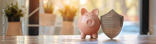 A piggy bank beside a shield, representing financial stability provided by life insurance photo