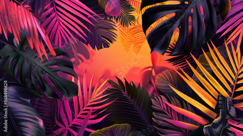 lush tropical foliage in vibrant sunset colors