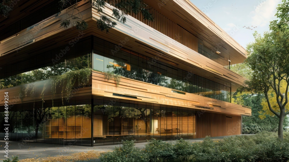 eco-conscious building facade with layered wood cladding, each layer designed to provide natural insulation and reduce energy consumption eco-conscious building facade with layered wood cladding, each layer designed to provide natural insulation and reduce energy consumption