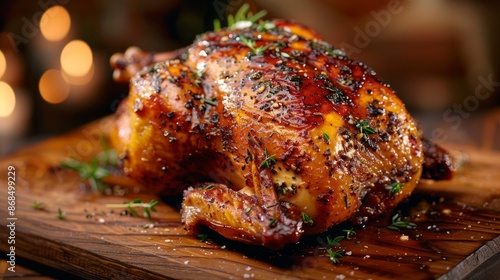 Close-up of rotisserie chicken with crispy golden skin and tender meat, garnished with fresh herbs. Juicy and savory culinary concept