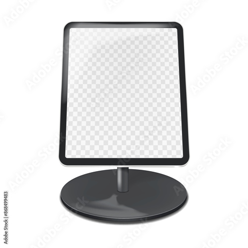 Countertop tablet holder podium stand with transparent screen vector mockup. Table digital display mock-up. Template for design