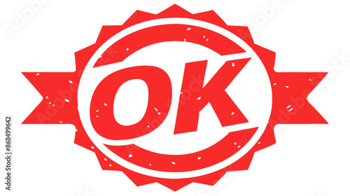 Red OK Badge with Circular Border and Ribbon