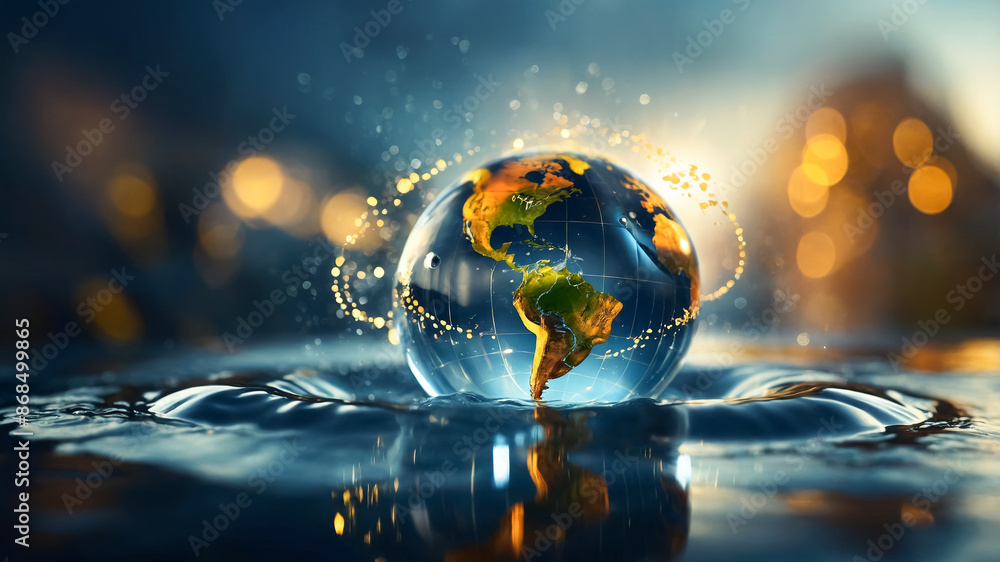transparent earth globe model on water surface. Water World transparent earth globe model on water surface. Water World