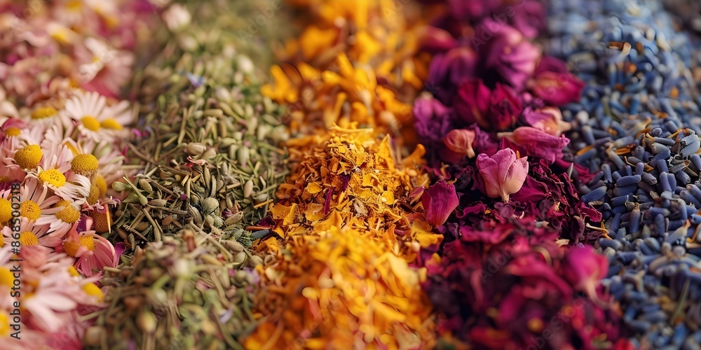 Fototapeta premium Focusing on Dried Flowers and Herbs for Infusions and Decoctions. Concept Dried Flower Arrangements, Herbal Infusions, Botanical Decor, Tea Blends