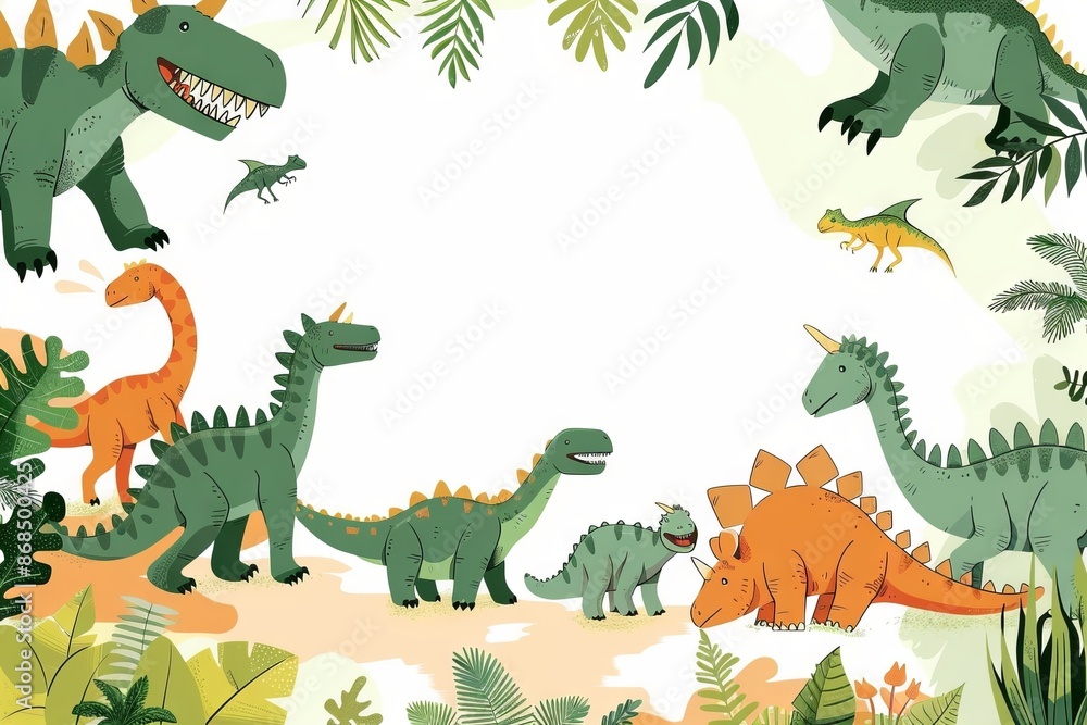 Naklejka premium Cute cartoon dinosaur themed party with blank space at center, dinosaur toy for childhood children with space