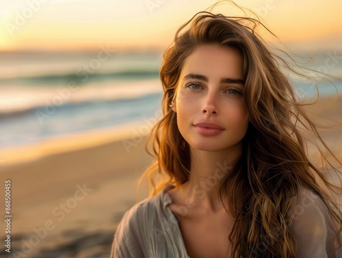 portrait of confident woman on beach windswept hair and natural beauty emphasized golden hour lighting enhancing warm skin tones serene ocean backdrop