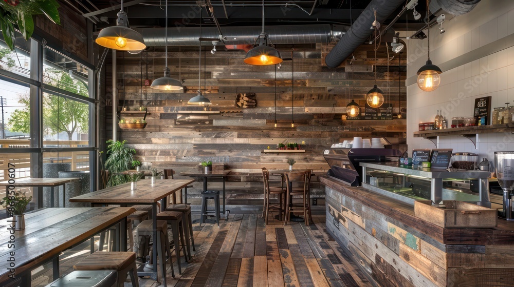 eco-friendly cafe featuring reclaimed wood walls and rustic charm eco-friendly cafe featuring reclaimed wood walls and rustic charm