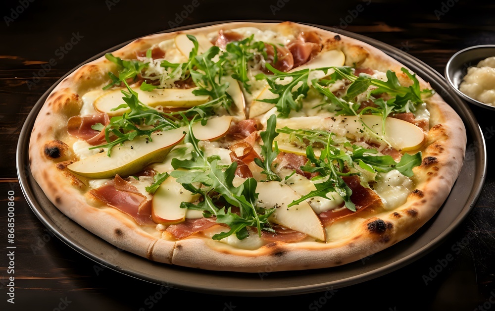 Gourmet pizza topped with fresh arugula, thinly sliced pears, prosciutto, and creamy cheese on a perfectly baked crust. Ideal for food bloggers, restaurant menus, and culinary advertisements. Gourmet pizza topped with fresh arugula, thinly sliced pears, prosciutto, and creamy cheese on a perfectly baked crust. Ideal for food bloggers, restaurant menus, and culinary advertisements.