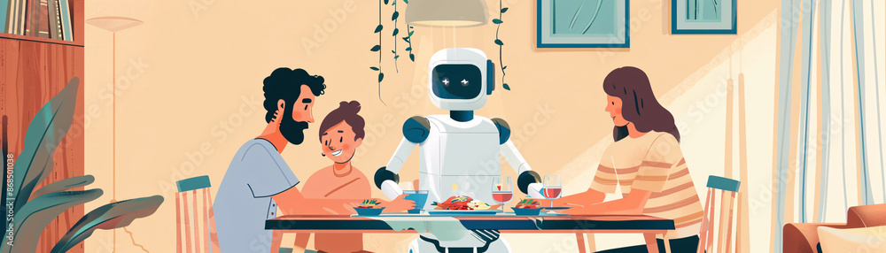 A family and their robot companion setting the dinner table for a meal A family and their robot companion setting the dinner table for a meal