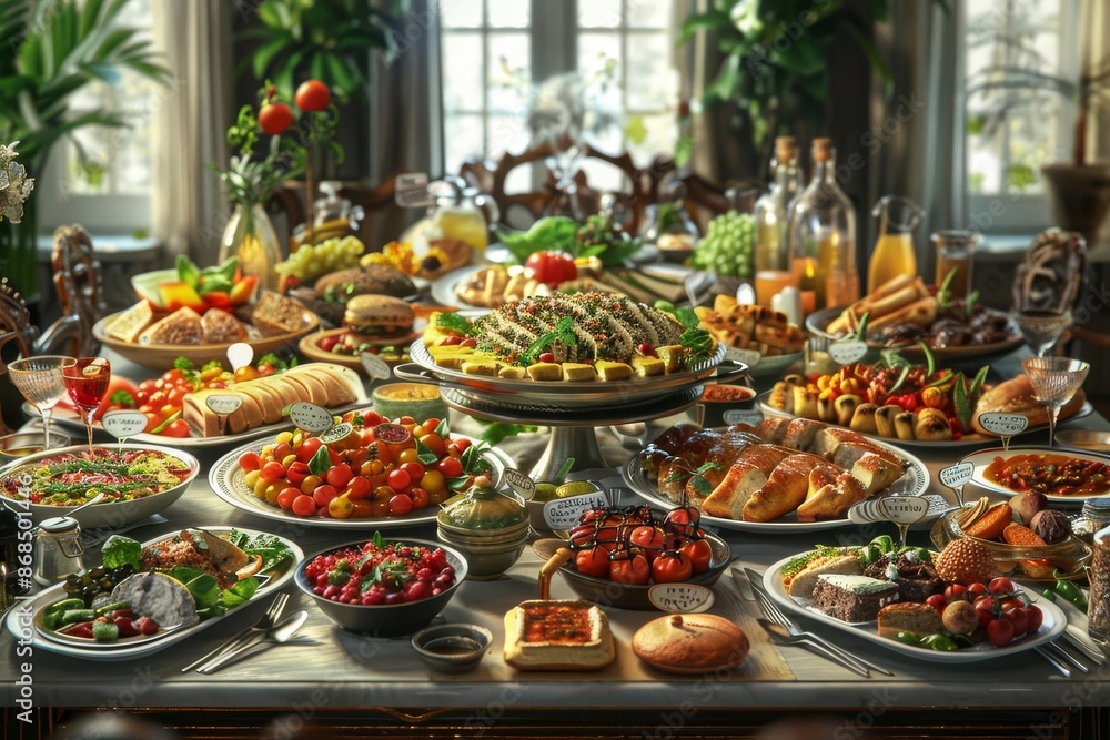 A beautifully lit dining table with an extravagant spread of various dishes, fruits, and beverages, set by a window with lush greenery outside. A beautifully lit dining table with an extravagant spread of various dishes, fruits, and beverages, set by a window with lush greenery outside.