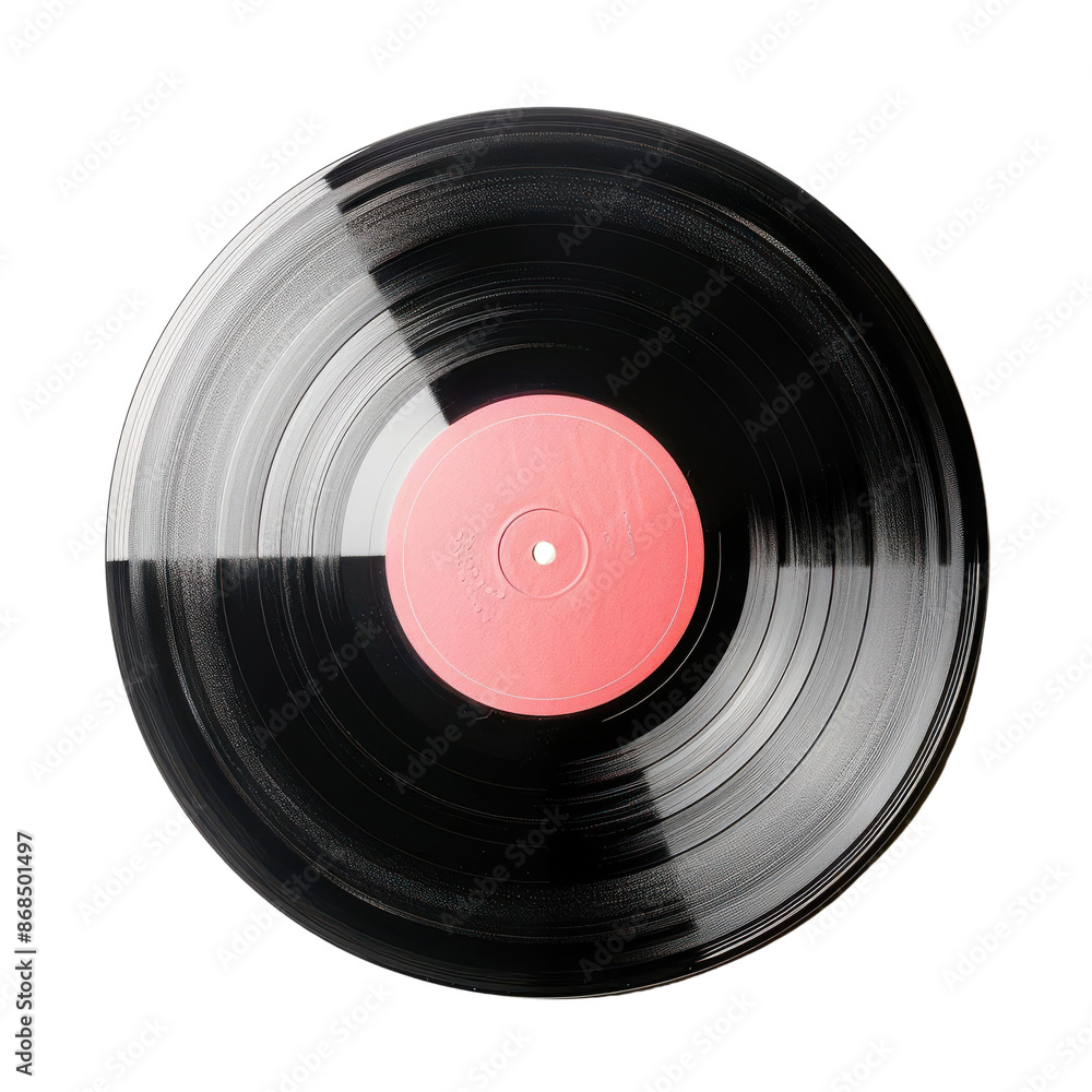 A classic vinyl record with a vibrant pink label, isolated on a white background. A classic vinyl record with a vibrant pink label, isolated on a white background.