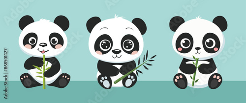 Set of vector illustration of panda bear holding a bamboo shoot with a simple smile on a light blue background
