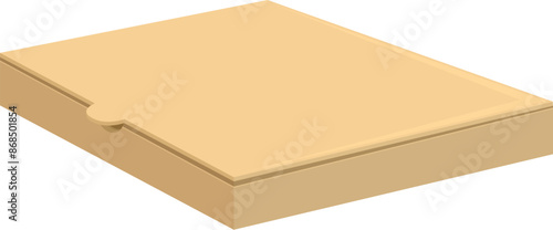 Closed cardboard pizza box is laying on a white surface