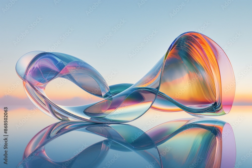 3D rendering of twisting, iridescent wave-like structure, reflecting on a calm water surface at dawn 3D rendering of twisting, iridescent wave-like structure, reflecting on a calm water surface at dawn