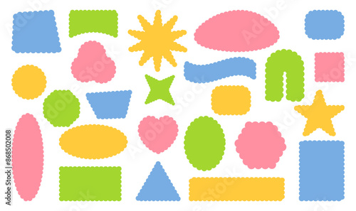 Retro design elements scalloped frames. Scalloped edge rectangle, star, ellipse, circle and square shapes