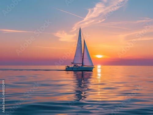 serene sailboat gliding across calm ocean at golden hour billowing white sails catch warm sunset light creating a romantic silhouette against vibrant sky