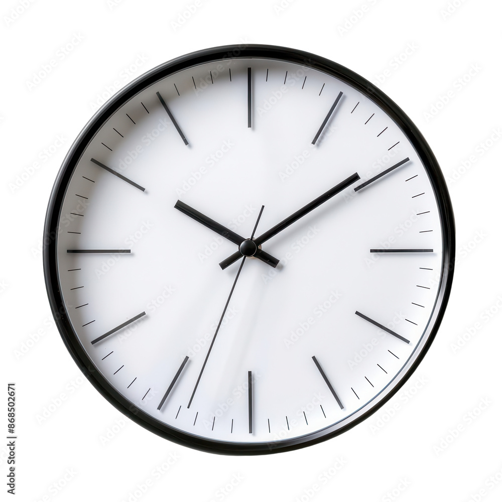 High-resolution image of a modern minimalist wall clock with a white face and black hands, isolated on a white background. High-resolution image of a modern minimalist wall clock with a white face and black hands, isolated on a white background.