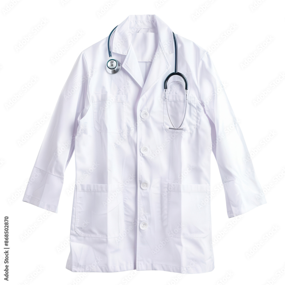 White medical doctor's coat with stethoscope, symbolizing healthcare, medicine, and professional attire in clinical settings. White medical doctor's coat with stethoscope, symbolizing healthcare, medicine, and professional attire in clinical settings.