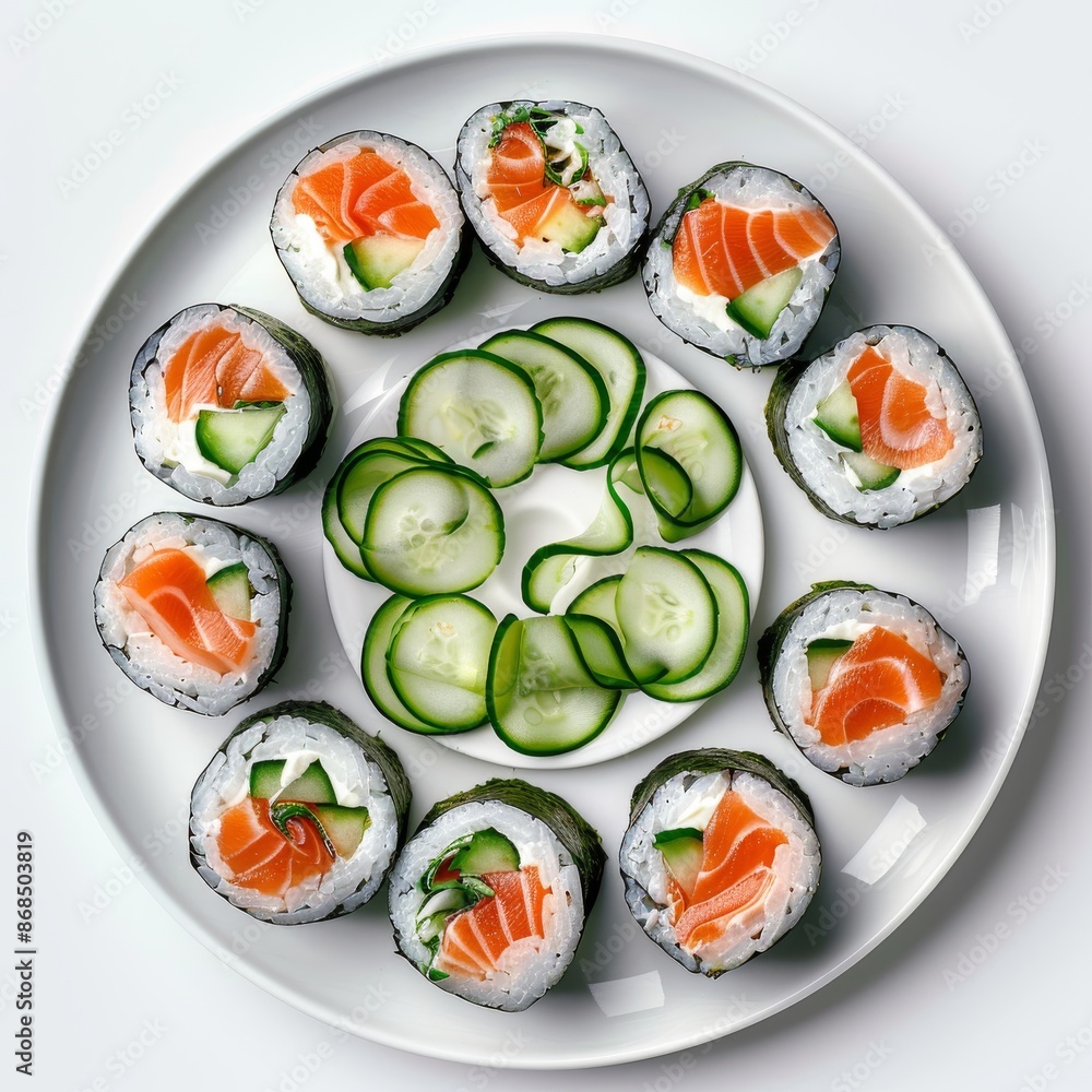 Sushi Rolls Set with Salmon, Shrimps, Cucumber and Philadelphia Cream Cheese Isolated on White Sushi Rolls Set with Salmon, Shrimps, Cucumber and Philadelphia Cream Cheese Isolated on White