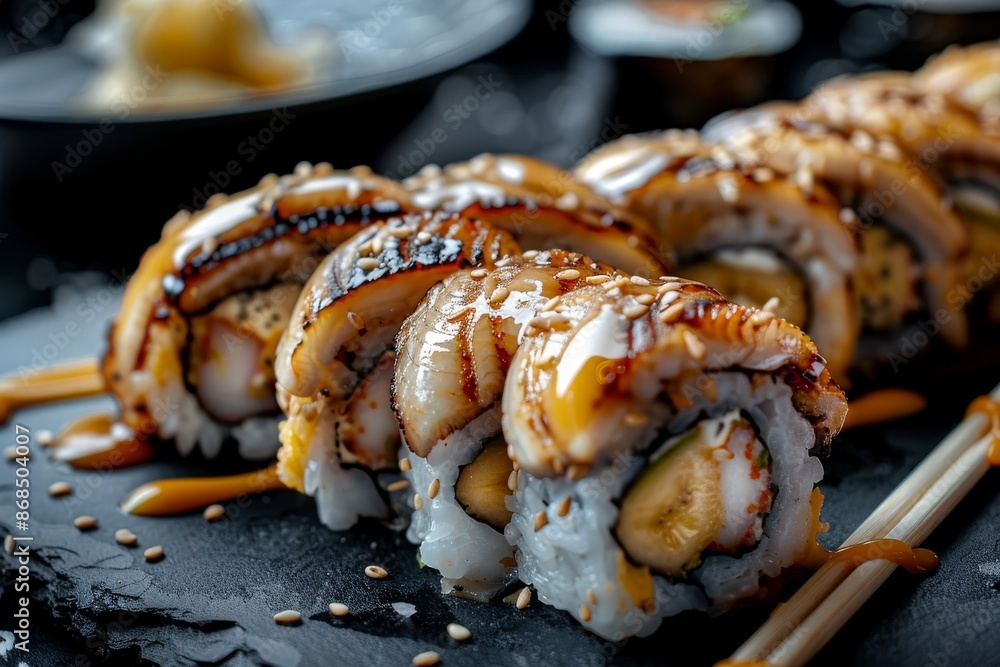 Unagi tempura uramaki sushi rolls with rice, cream cheese, eel, cucumber and nori. Hot crispy maki roll on black Unagi tempura uramaki sushi rolls with rice, cream cheese, eel, cucumber and nori. Hot crispy maki roll on black