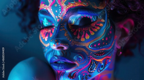 surreal portrait of woman with intricate face paint vivid colors otherworldly features fantastical creature design ethereal lighting photo