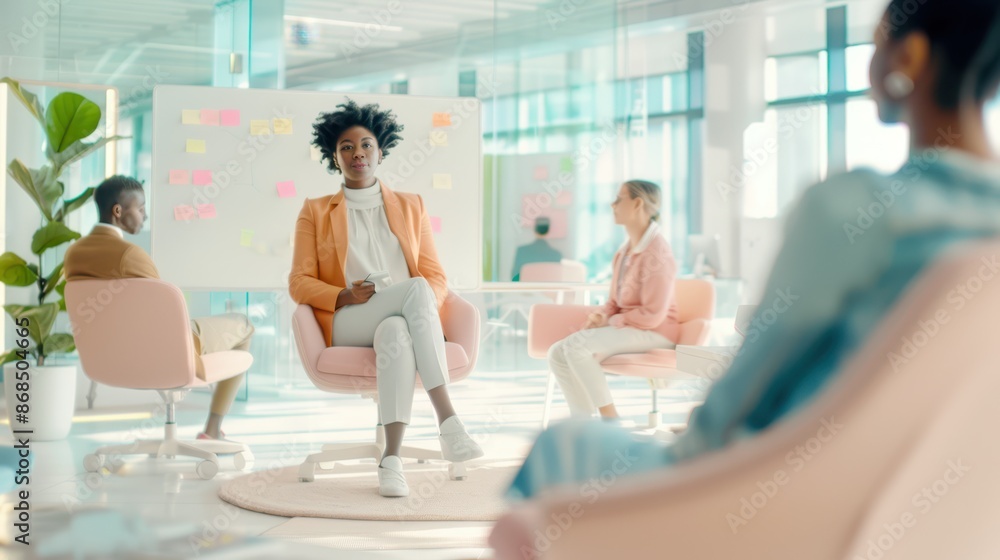 Diverse group in a modern office having a casual meeting, with a woman in an orange blazer speaking. Concept of teamwork and collaboration. Diverse group in a modern office having a casual meeting, with a woman in an orange blazer speaking. Concept of teamwork and collaboration.