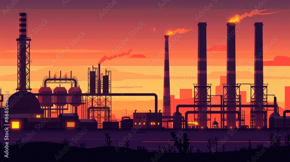 Stylized industrial plant at sunset with vibrant hues of orange and purple, depicting energy, industry, and a surreal atmosphere. Stylized industrial plant at sunset with vibrant hues of orange and purple, depicting energy, industry, and a surreal atmosphere.