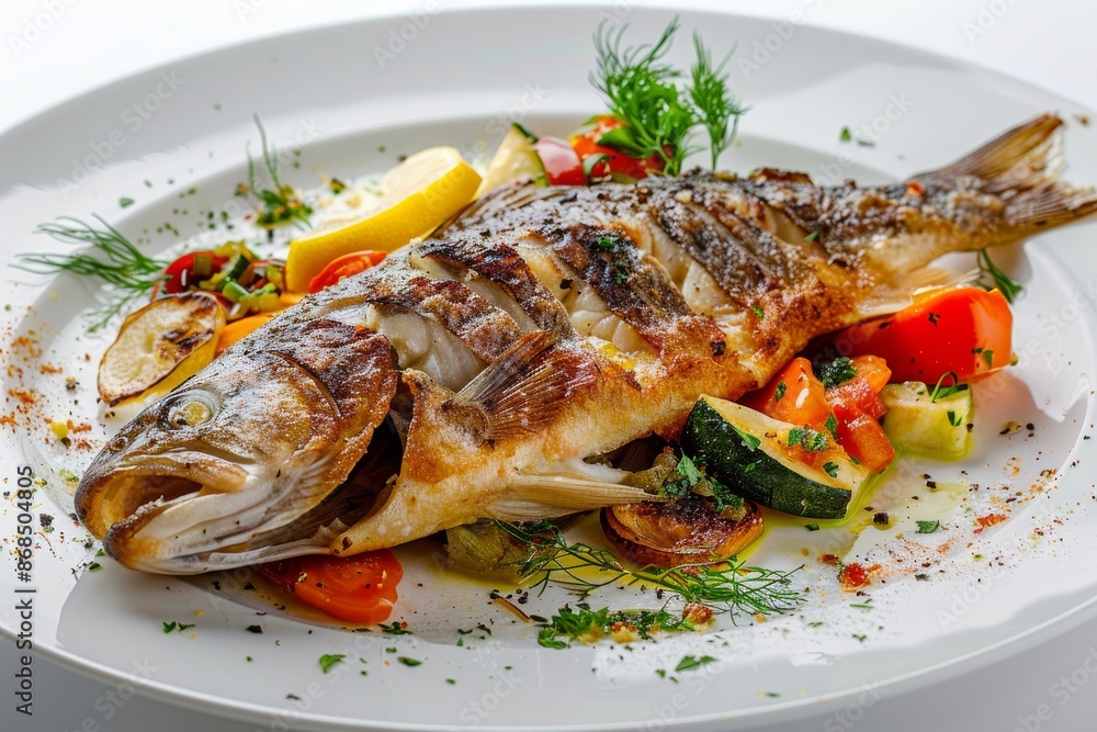 Whole Baked Rainbow Trout, Fried Trout Fish on a Vegetable Pillow with Creamy Caviar Sauce Whole Baked Rainbow Trout, Fried Trout Fish on a Vegetable Pillow with Creamy Caviar Sauce