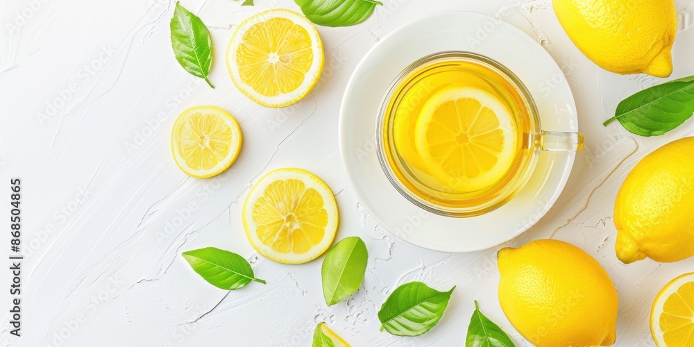 Lemon slices and lemon tea cups on a white background with green leaves. Refreshing citrus drink concept. Lemon slices and lemon tea cups on a white background with green leaves. Refreshing citrus drink concept.