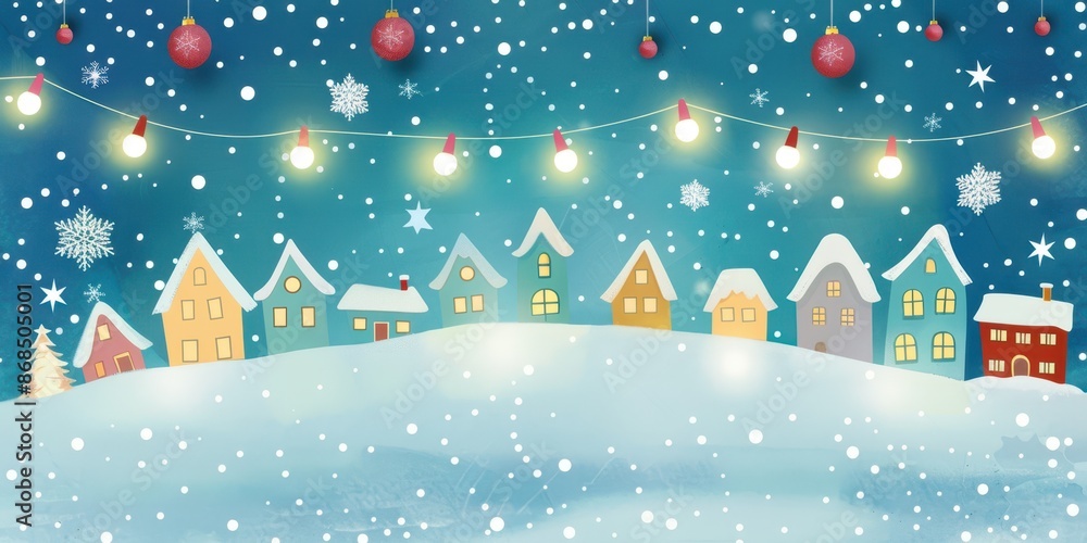Whimsical illustration of a snowy village with warmly lit houses, festive decorations, and a serene winter atmosphere, evoking holiday charm. Whimsical illustration of a snowy village with warmly lit houses, festive decorations, and a serene winter atmosphere, evoking holiday charm.