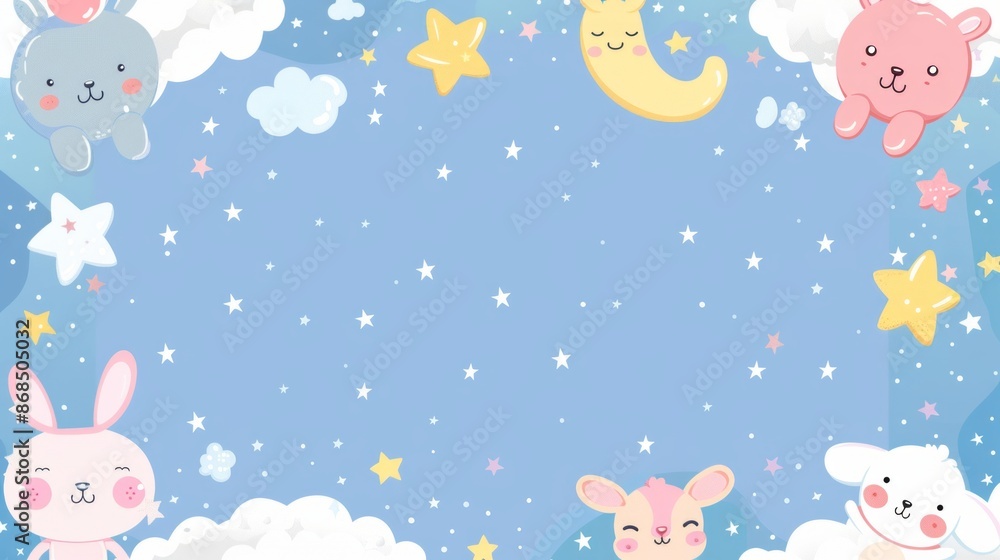 Illustrate a whimsical vector frame with playful cartoon elements, such as cute animals, stars, and clouds, perfect for children's content Illustrate a whimsical vector frame with playful cartoon elements, such as cute animals, stars, and clouds, perfect for children's content