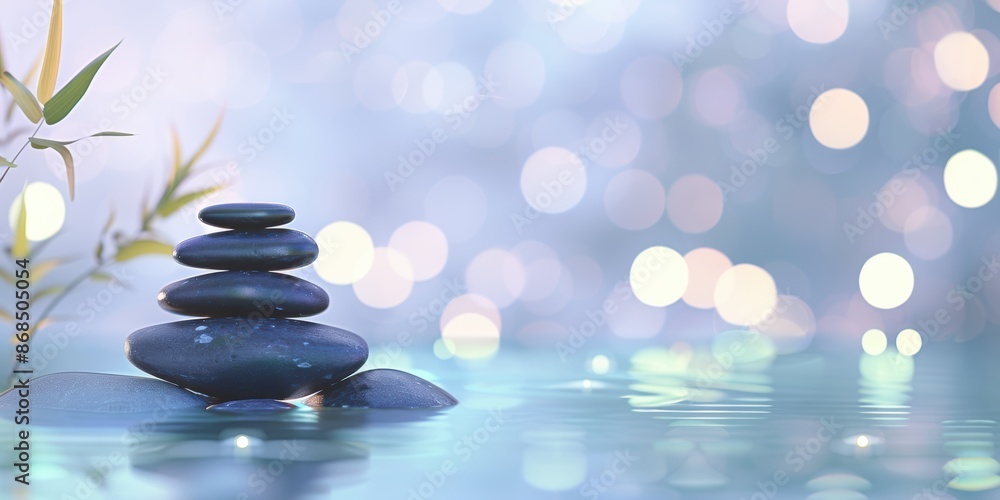 Stacked black stones in water with bamboo leaves and bokeh lights in the background. Zen and relaxation concept. Stacked black stones in water with bamboo leaves and bokeh lights in the background. Zen and relaxation concept.