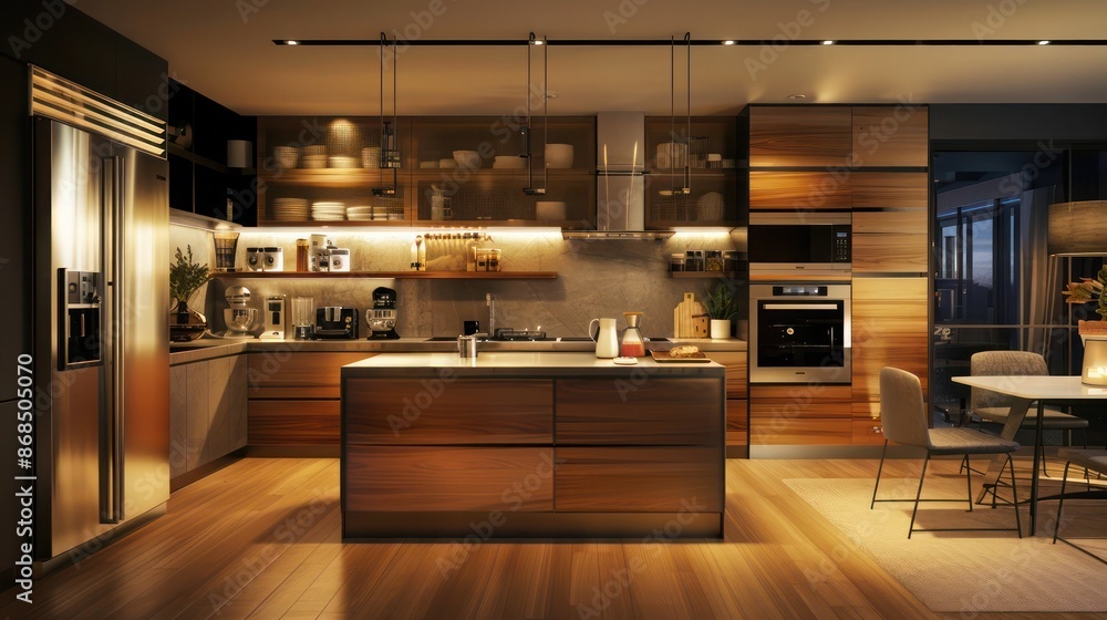 open-concept kitchen with luxurious walnut cladding and state-of-the-art appliances open-concept kitchen with luxurious walnut cladding and state-of-the-art appliances