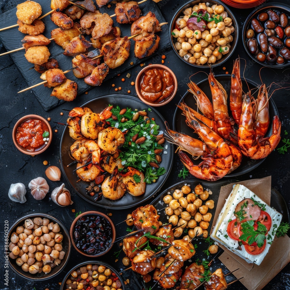 Hot Beer Snacks Set, Wine Snack Collection, Antipasti Buffet of Grilled Prawns, Chicken Wings Barbecue Hot Beer Snacks Set, Wine Snack Collection, Antipasti Buffet of Grilled Prawns, Chicken Wings Barbecue