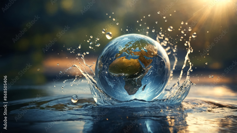 transparent earth globe model on water surface. Water World transparent earth globe model on water surface. Water World