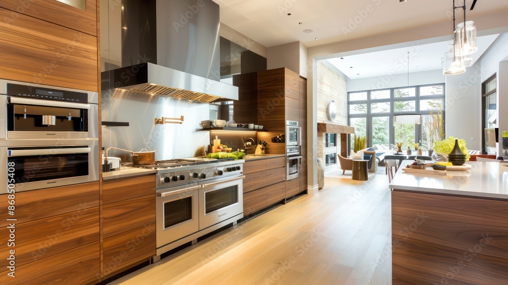 open-concept kitchen with luxurious walnut cladding and state-of-the-art appliances open-concept kitchen with luxurious walnut cladding and state-of-the-art appliances