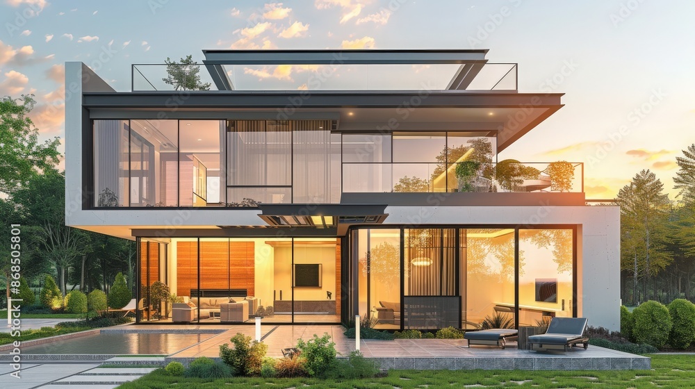 Modern luxury house exterior with large windows, spacious balconies ...