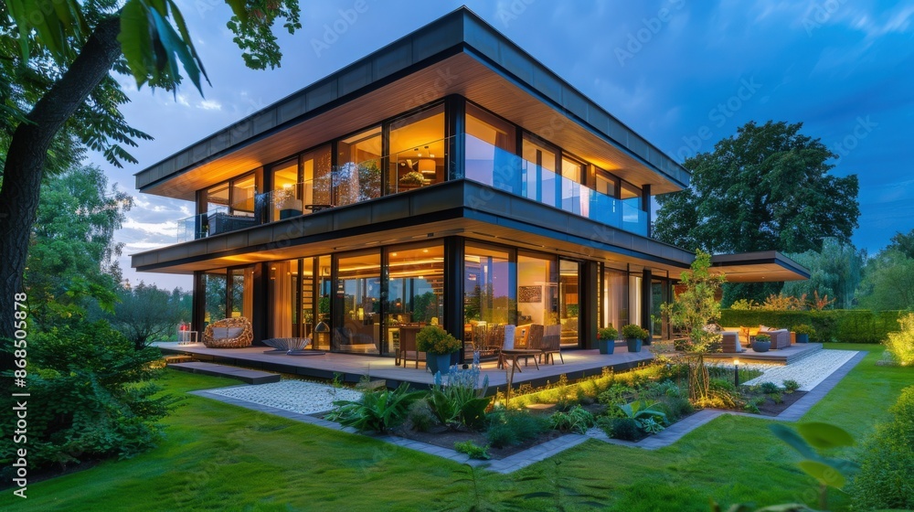 Modern luxury house with large windows, beautifully landscaped yard, and evening lighting, nestled in a serene natural setting. Modern luxury house with large windows, beautifully landscaped yard, and evening lighting, nestled in a serene natural setting.