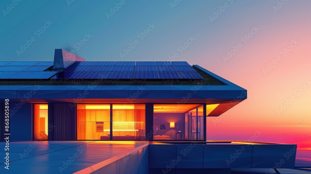 Obraz premium Modern luxury house with large windows and solar panels, captured at sunset with vibrant colors illuminating the exterior.