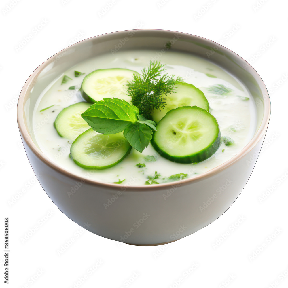 A bowl of cucumber soup with cucumber slices and herbs on top on transparent background A bowl of cucumber soup with cucumber slices and herbs on top on transparent background