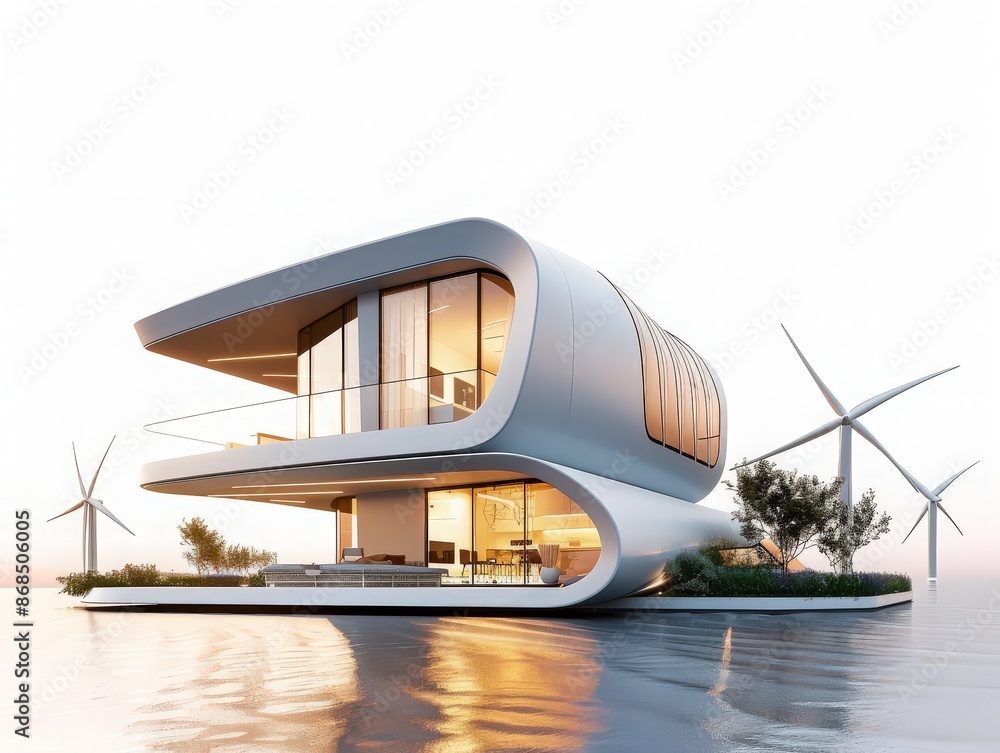 Fototapeta premium Modern sustainable house with futuristic design, surrounded by wind turbines, situated on the water reflecting a serene sunset.