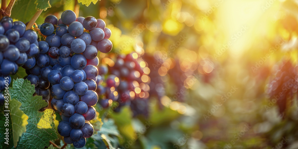 Bunches of purple grapes on a green natural vineyard background, grapes with leaves on a blurred background, banner. Copy space. Bunches of purple grapes on a green natural vineyard background, grapes with leaves on a blurred background, banner. Copy space.