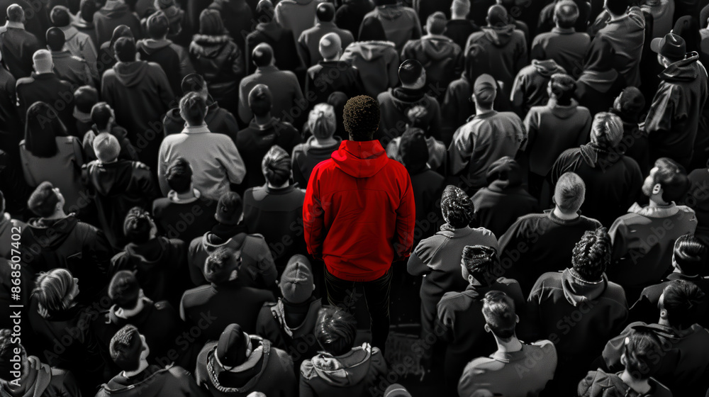 Obraz premium Colored man standing out from large crowd of black and white people. Stand out from the crowd concept. 