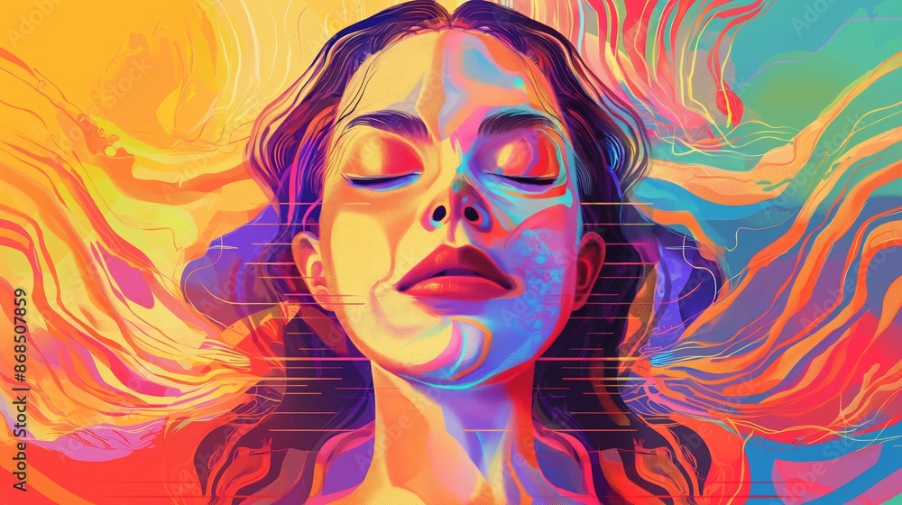 A woman's face is painted in a colorful, abstract style. The painting is full of bright colors and has a dreamy, surreal feel to it A woman's face is painted in a colorful, abstract style. The painting is full of bright colors and has a dreamy, surreal feel to it